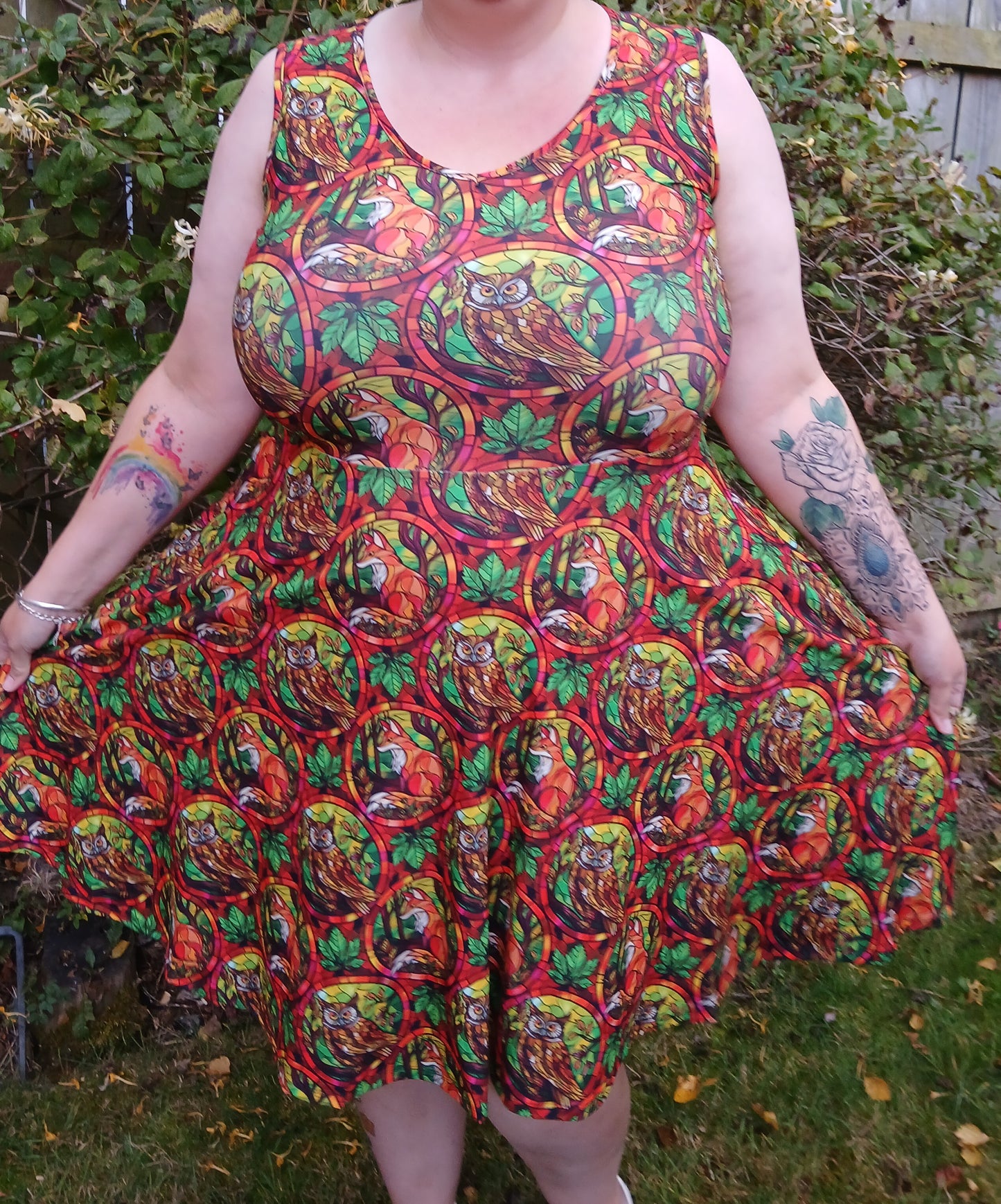 Stained glass fox and owl Skater Dress