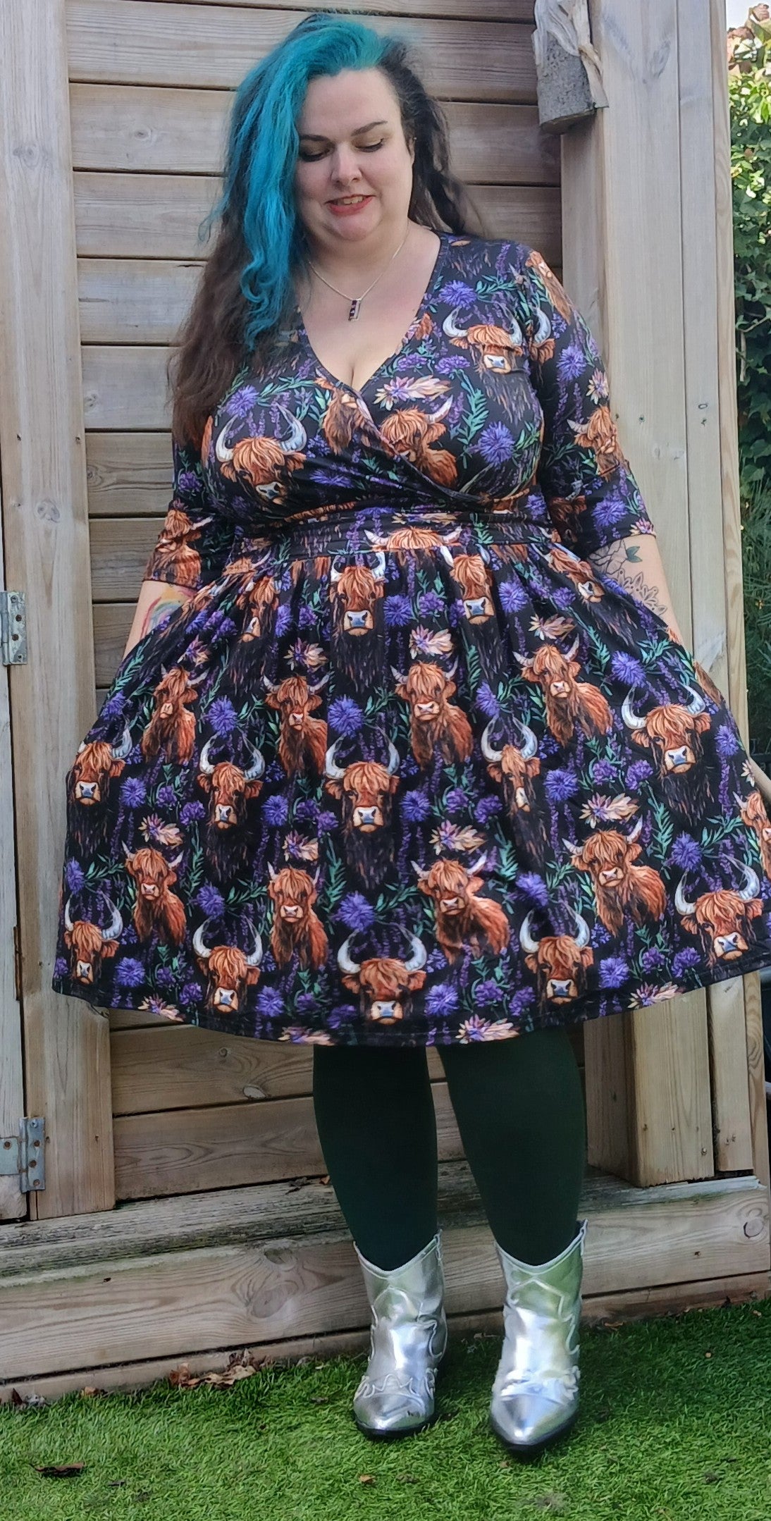 Highland Cow Wrap Style Dress 3/4 sleeve