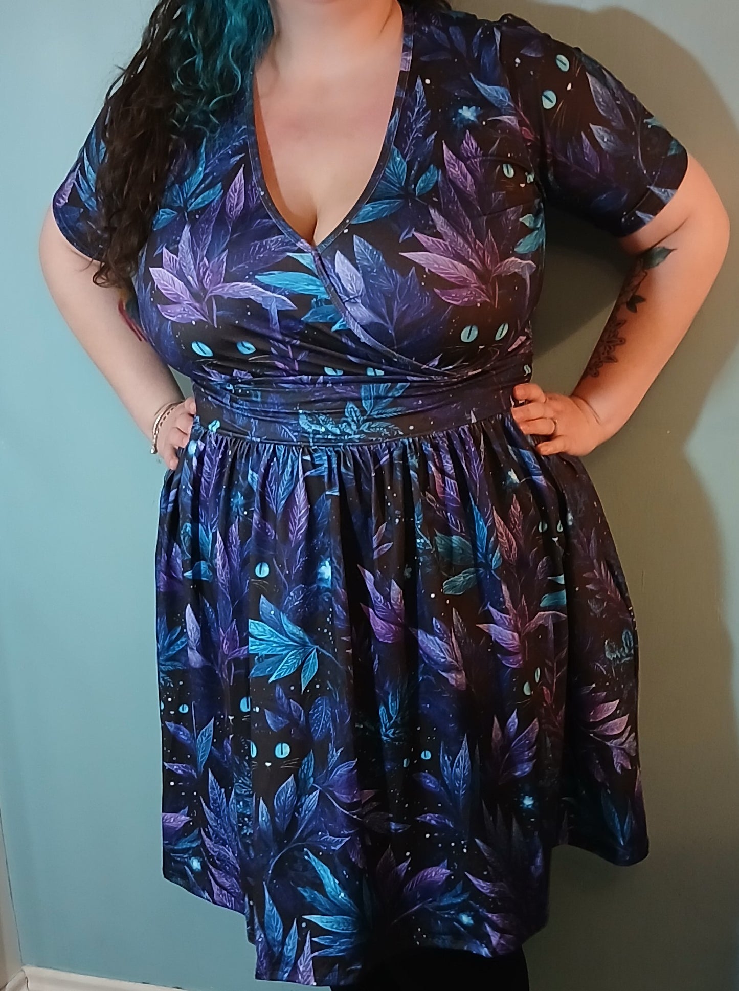 Cat and leaves Wrap Style Dress