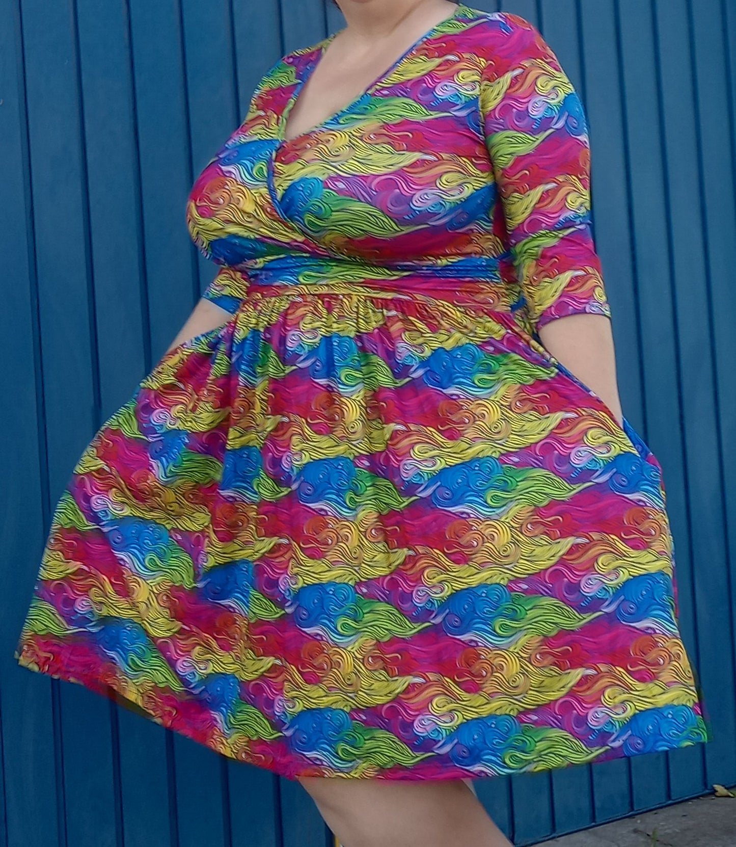 Rainbow waves Wrap Style Dress 3/4 sleeve