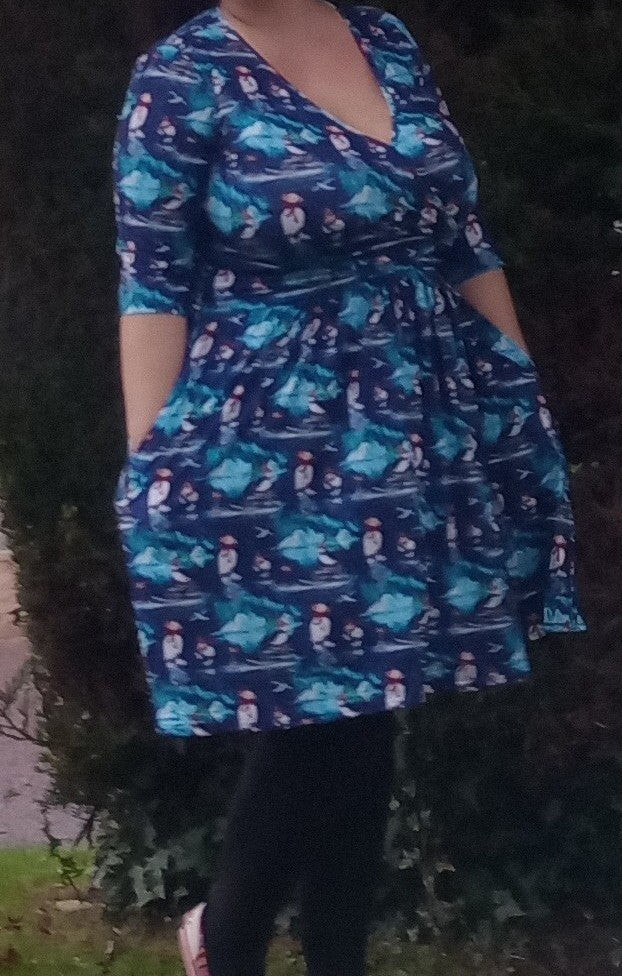 Perfect Puffins Wrap Style Dress 3/4 sleeve