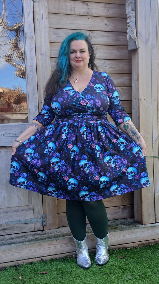 Floral Skulls Wrap Style Dress 3/4 sleeve