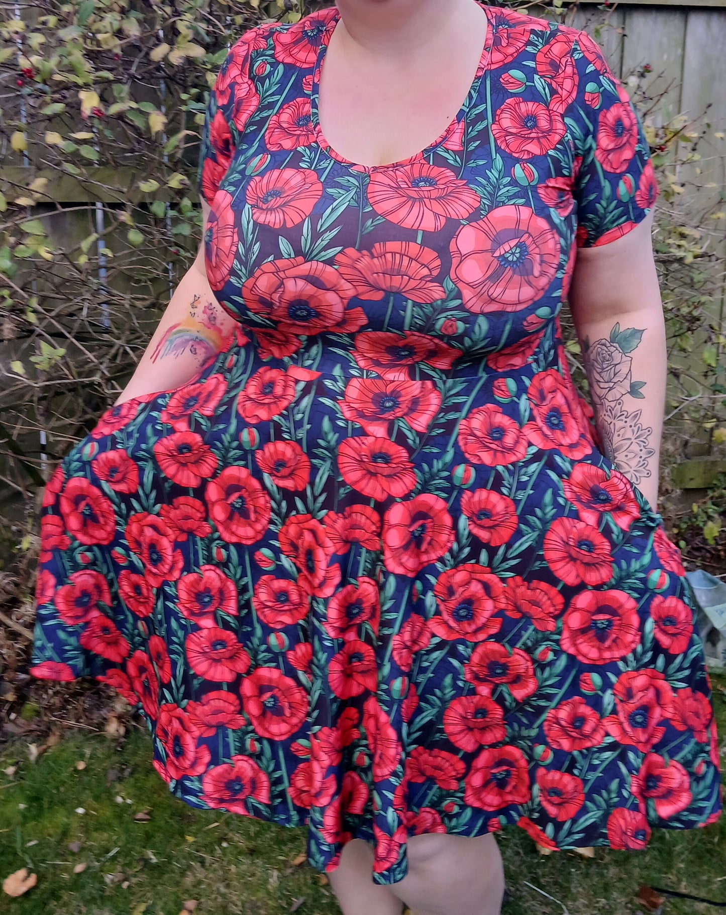 Red Poppies (purple ground) Short sleeve Skater Dress