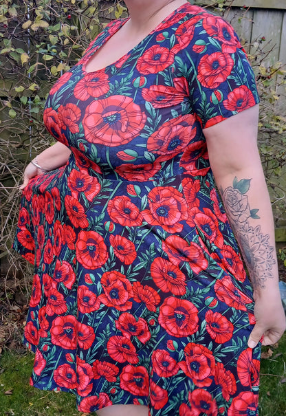Red Poppies (purple ground) Short sleeve Skater Dress