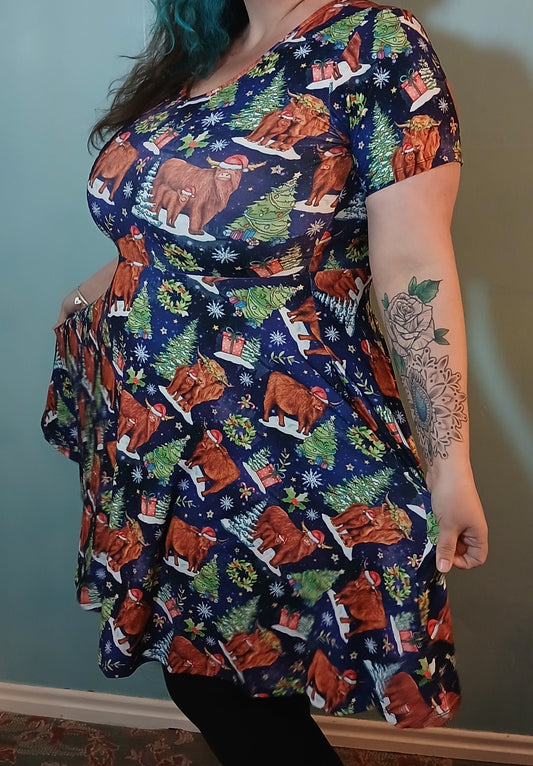 Christmas Cow Short Sleeve Skater Dress