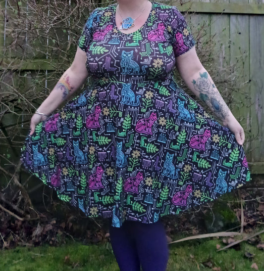 Cyber Cats short sleeve Skater Dress