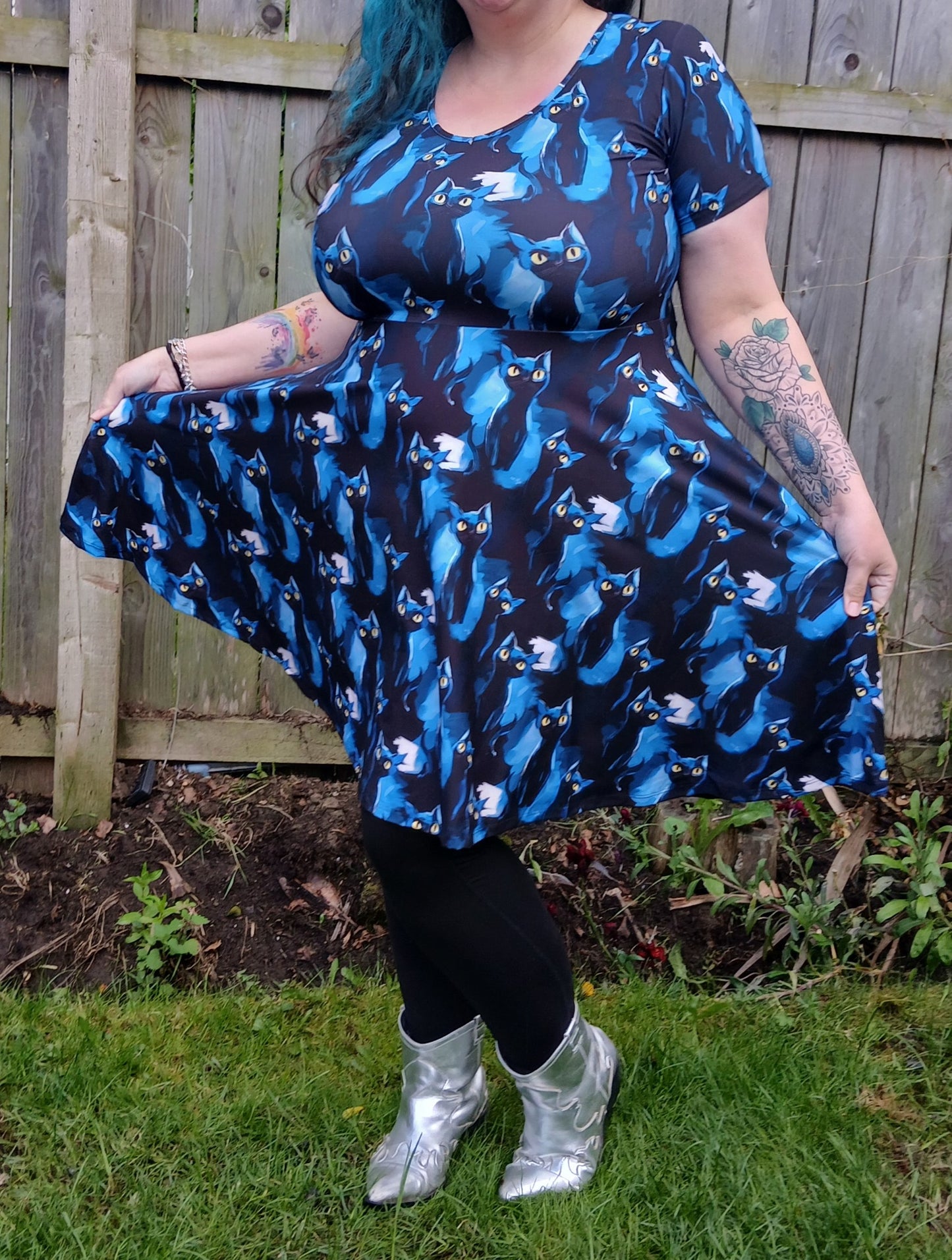 Black Cat short sleeve Skater Dress