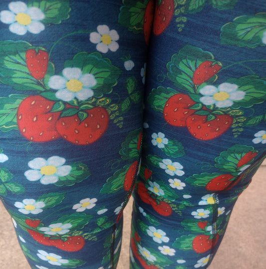 Strawberries  on Denim CAPRI pocket yoga